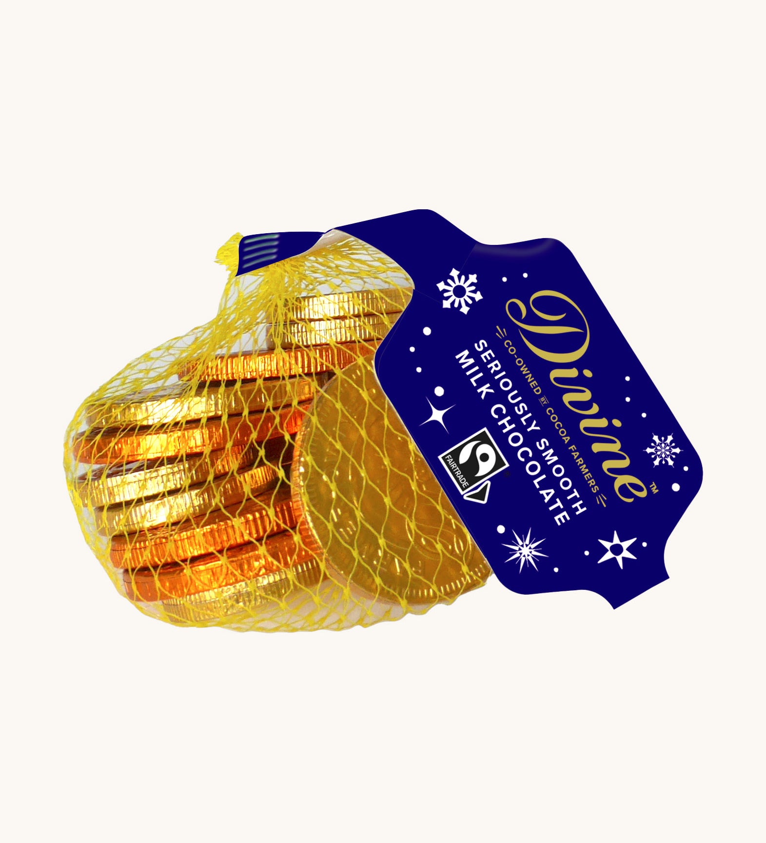 Divine fairtrade milk chocolate coins available at Babipur. Each coin is individually wrapped in gold foil,  different sized and comes in a yellow netted bag.