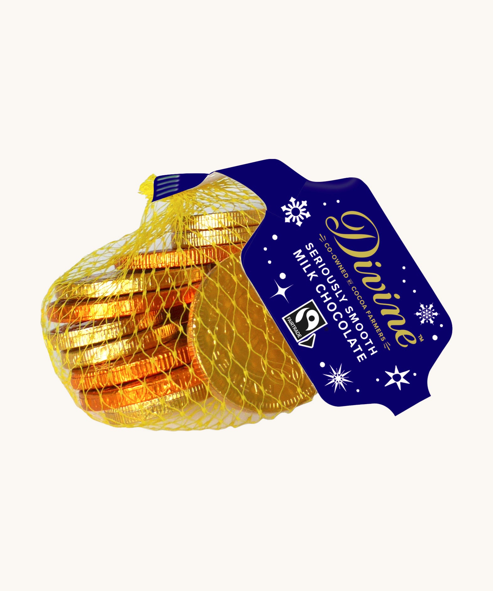 Divine fairtrade milk chocolate coins available at Babipur. Each coin is individually wrapped in gold foil,  different sized and comes in a yellow netted bag.