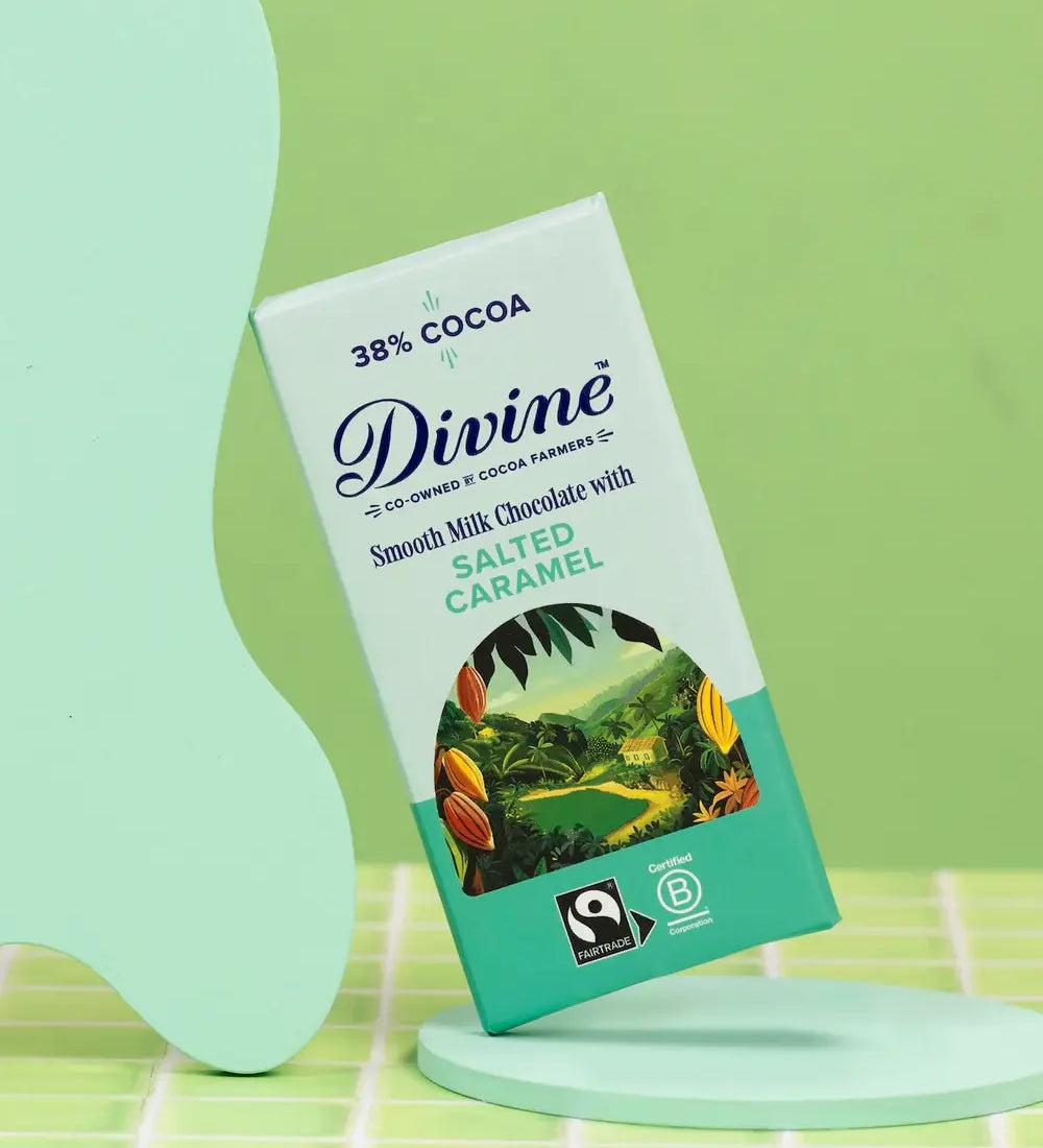 Divine Milk Chocolate and Salted Caramel Bar with certified B-Corp and Fairtrade logo.