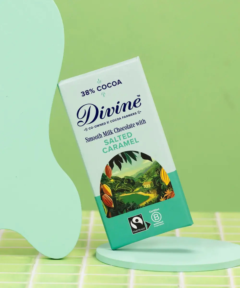 Divine Milk Chocolate and Salted Caramel Bar with certified B-Corp and Fairtrade logo.