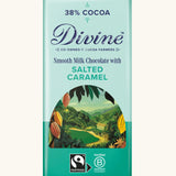 Divine Fairtrade 38% Milk Chocolate Bar with Salted Caramel with certified B-Corp logo.