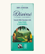 Divine Fairtrade 38% Milk Chocolate Bar with Salted Caramel with certified B-Corp logo.