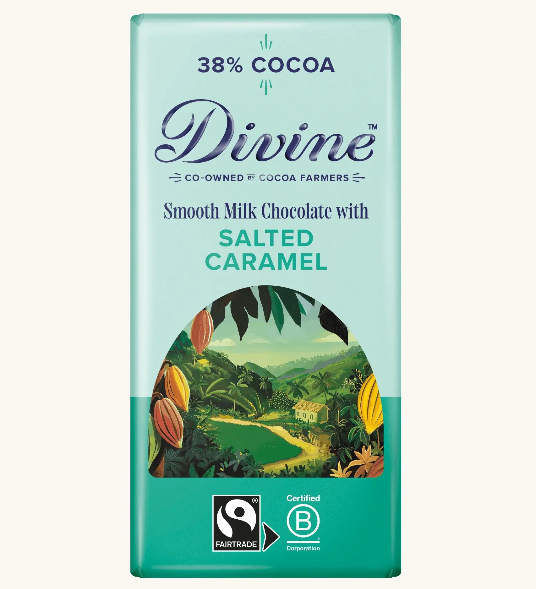 Divine Fairtrade 38% Milk Chocolate Bar with Salted Caramel with certified B-Corp logo.