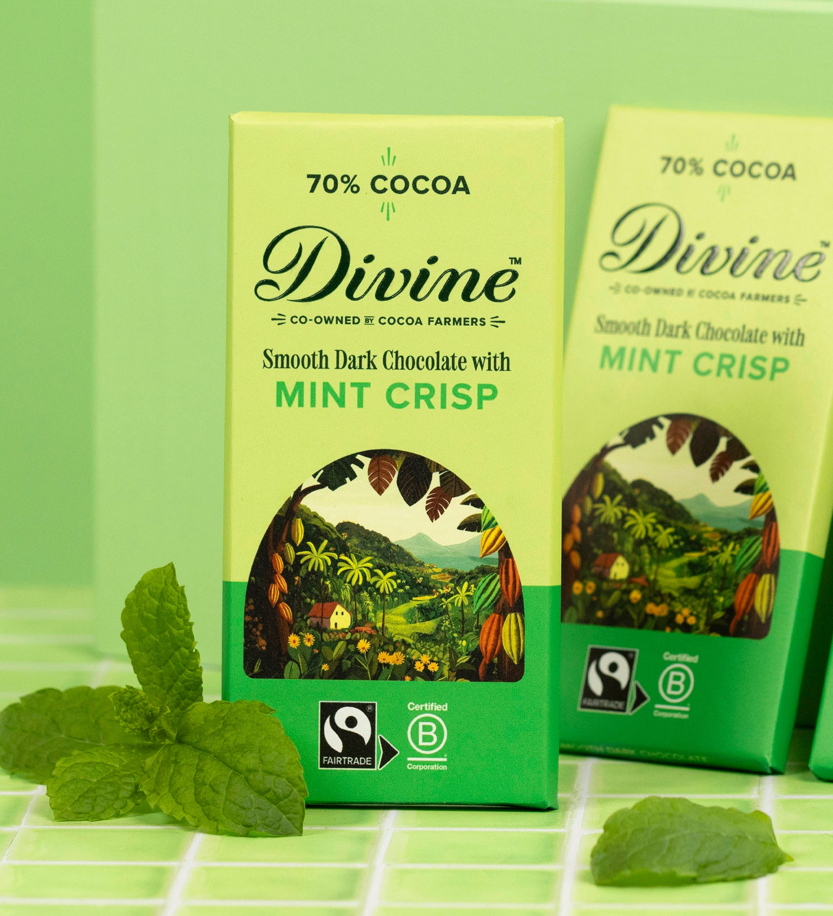 2 Divine fairtrade smooth dark chocolate with mint crisp bars standing against a green platform next to mint leaves