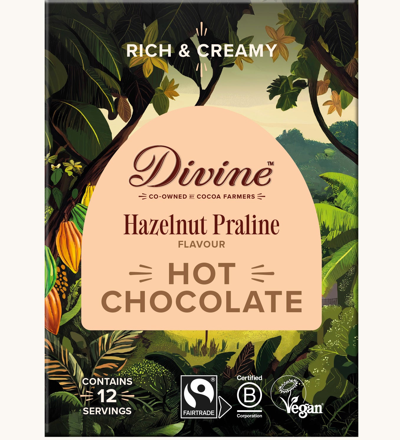 Front of Divine fairtrade luxury hot chocolate with hazelnut praline box shows a illustration of a cocoa farm