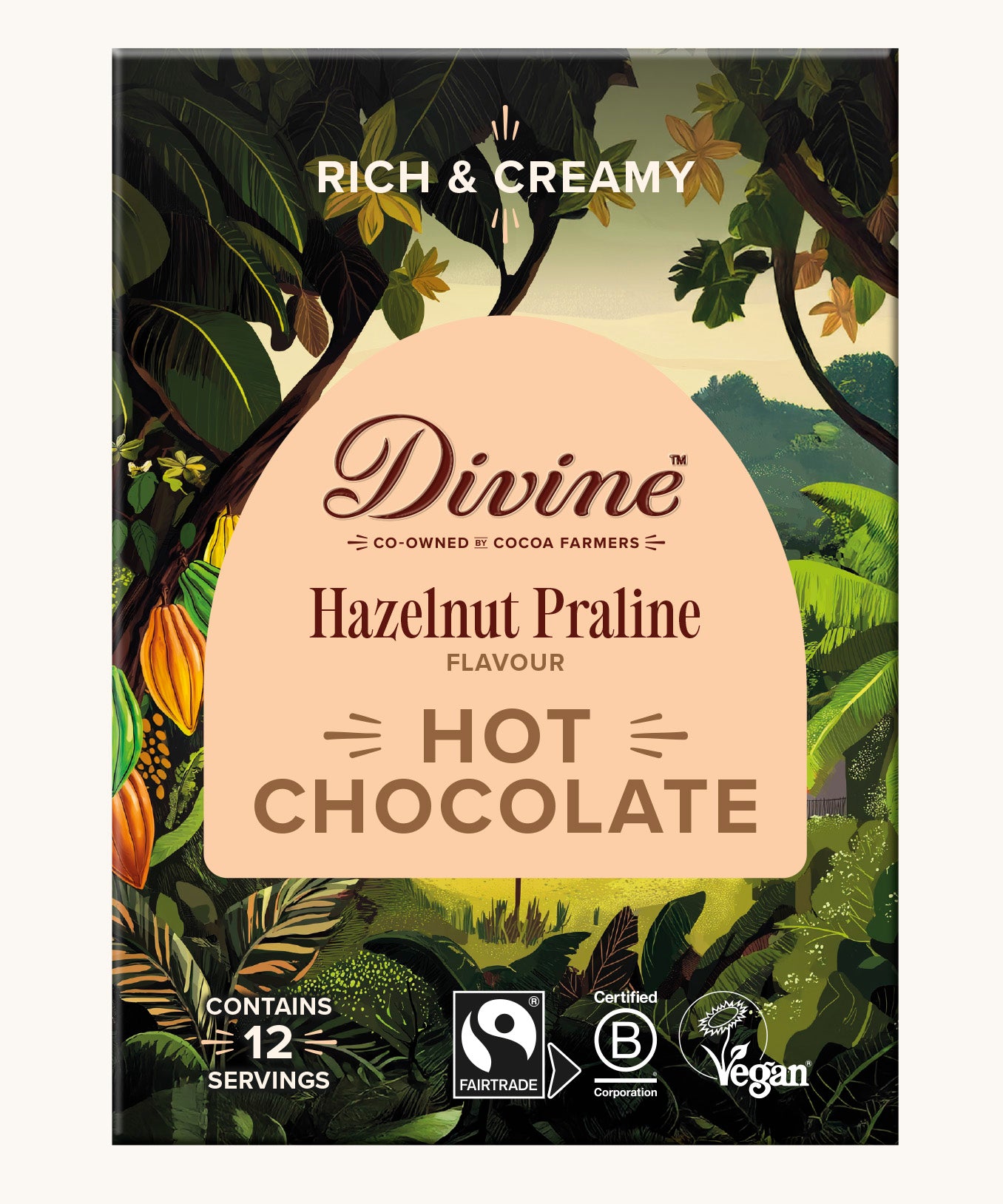 Front of Divine fairtrade luxury hot chocolate with hazelnut praline box shows a illustration of a cocoa farm