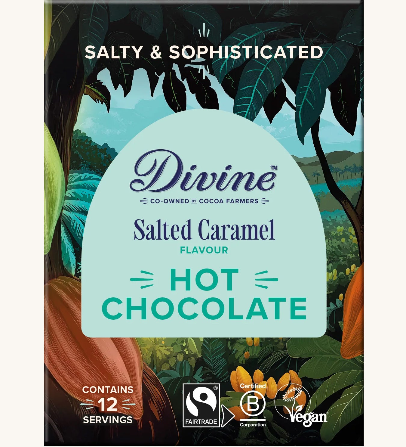 Front of Divine fairtrade salted caramel flavour hot chocolate box, shows a illustration of a cocoa farm
