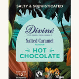 Front of Divine fairtrade salted caramel flavour hot chocolate box, shows a illustration of a cocoa farm