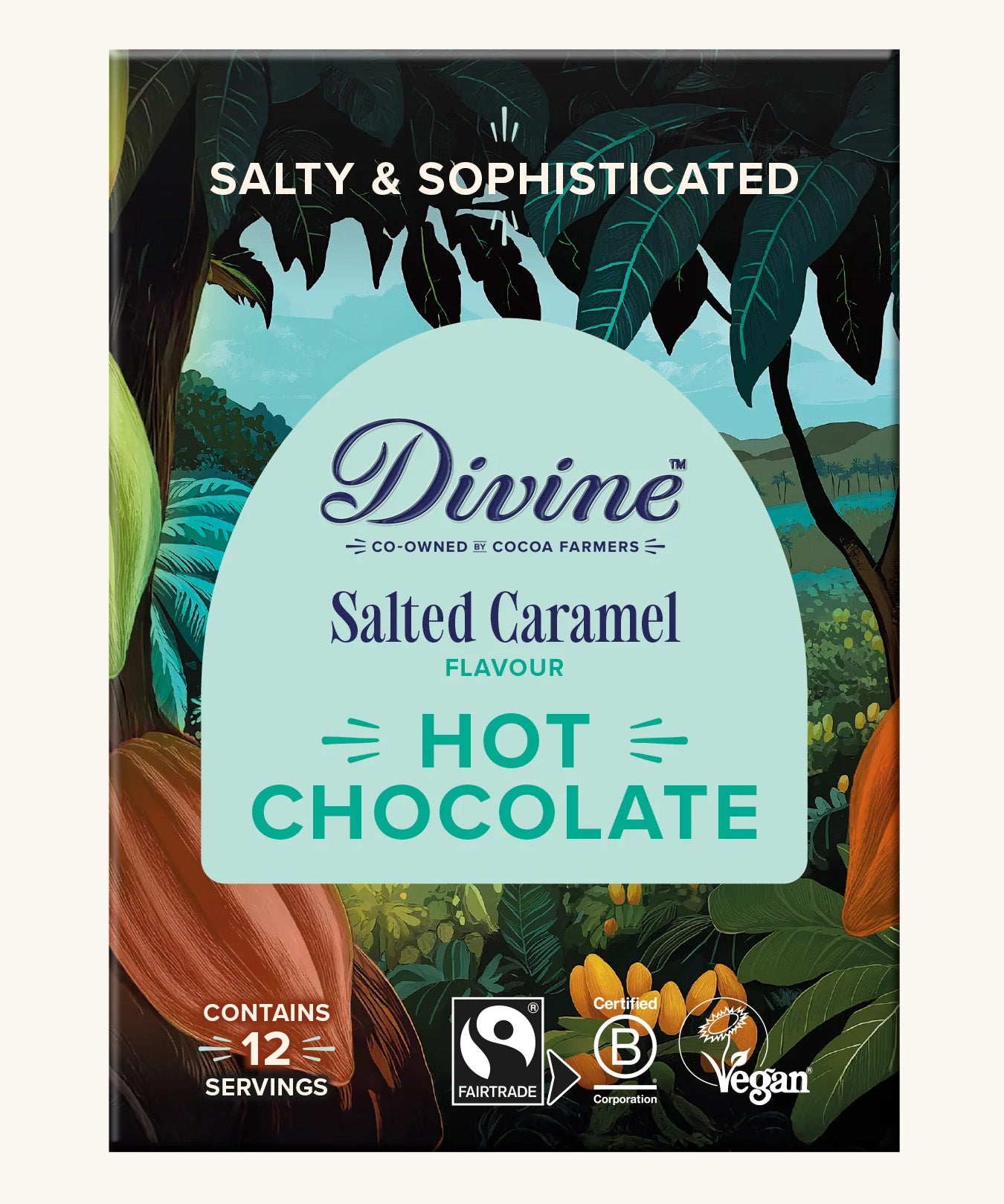 Front of Divine fairtrade salted caramel flavour hot chocolate box, shows a illustration of a cocoa farm