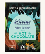 Front of Divine fairtrade salted caramel flavour hot chocolate box, shows a illustration of a cocoa farm