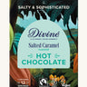 Front of Divine fairtrade salted caramel flavour hot chocolate box, shows a illustration of a cocoa farm