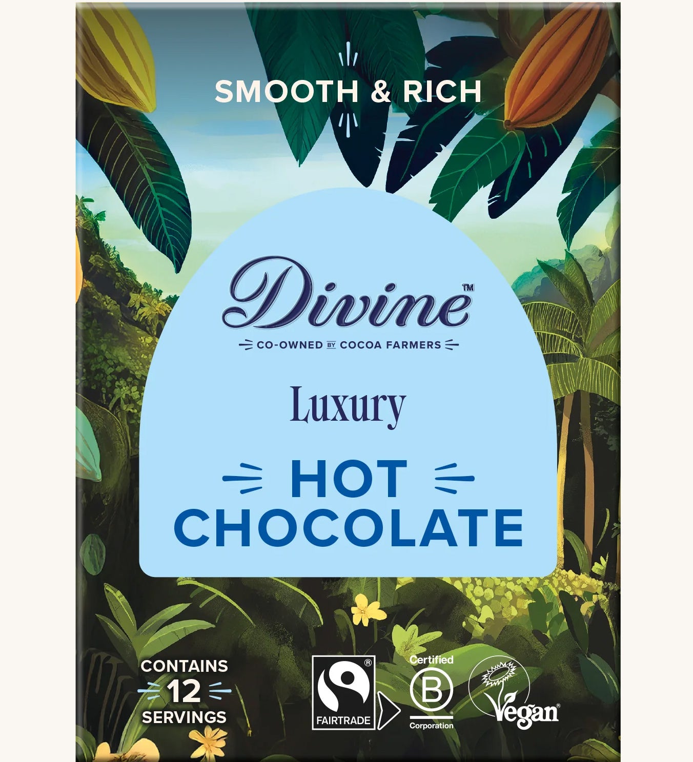 Front of Divine fairtrade luxury hot chocolate shows a illustration of a cocoa farm