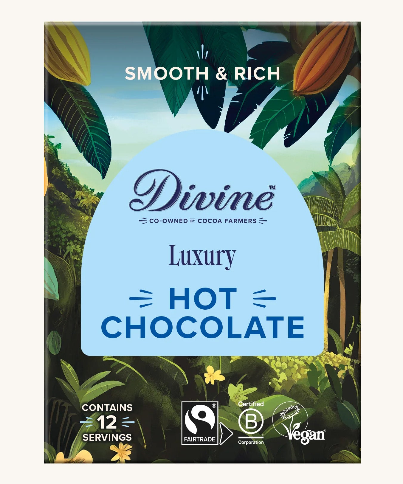 Front of Divine fairtrade luxury hot chocolate shows a illustration of a cocoa farm