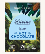 Front of Divine fairtrade luxury hot chocolate shows a illustration of a cocoa farm