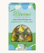 Divine Fairtrade milk chocolate mini eggs with hazelnut praline displayed in a decorated blue and green box