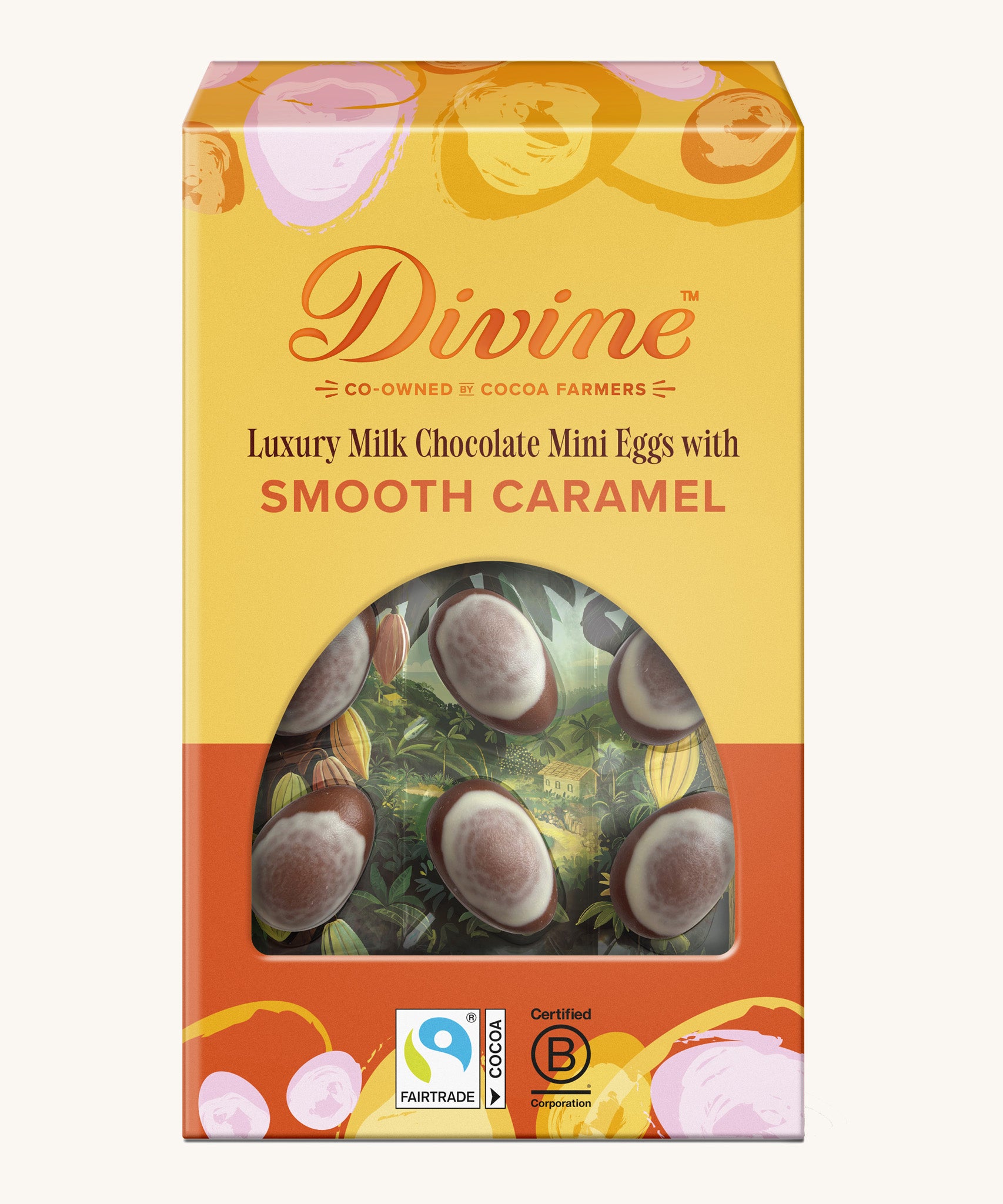 Divine Fairtrade milk chocolate mini eggs with smooth caramel displayed in a decorated yellow and orange box