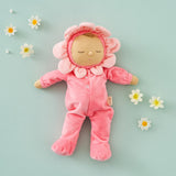 Olli Ella Dozy Dinkum Doll Fuchsia Twinkle, a baby toy doll with a pink velour onesie and flower hood, for sale at Babipur.