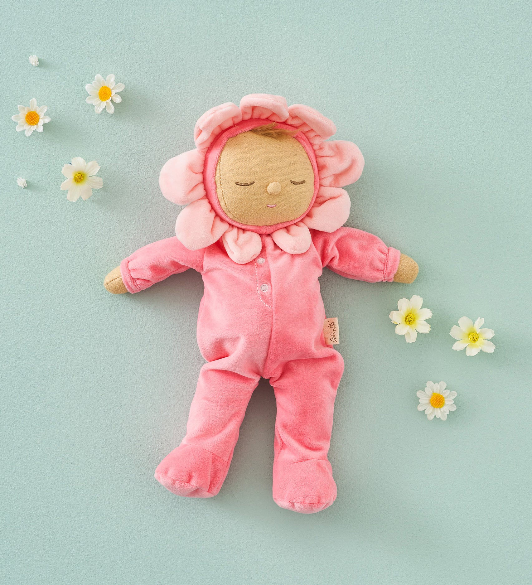 Olli Ella Dozy Dinkum Doll Fuchsia Twinkle, a baby toy doll with a pink velour onesie and flower hood, for sale at Babipur.