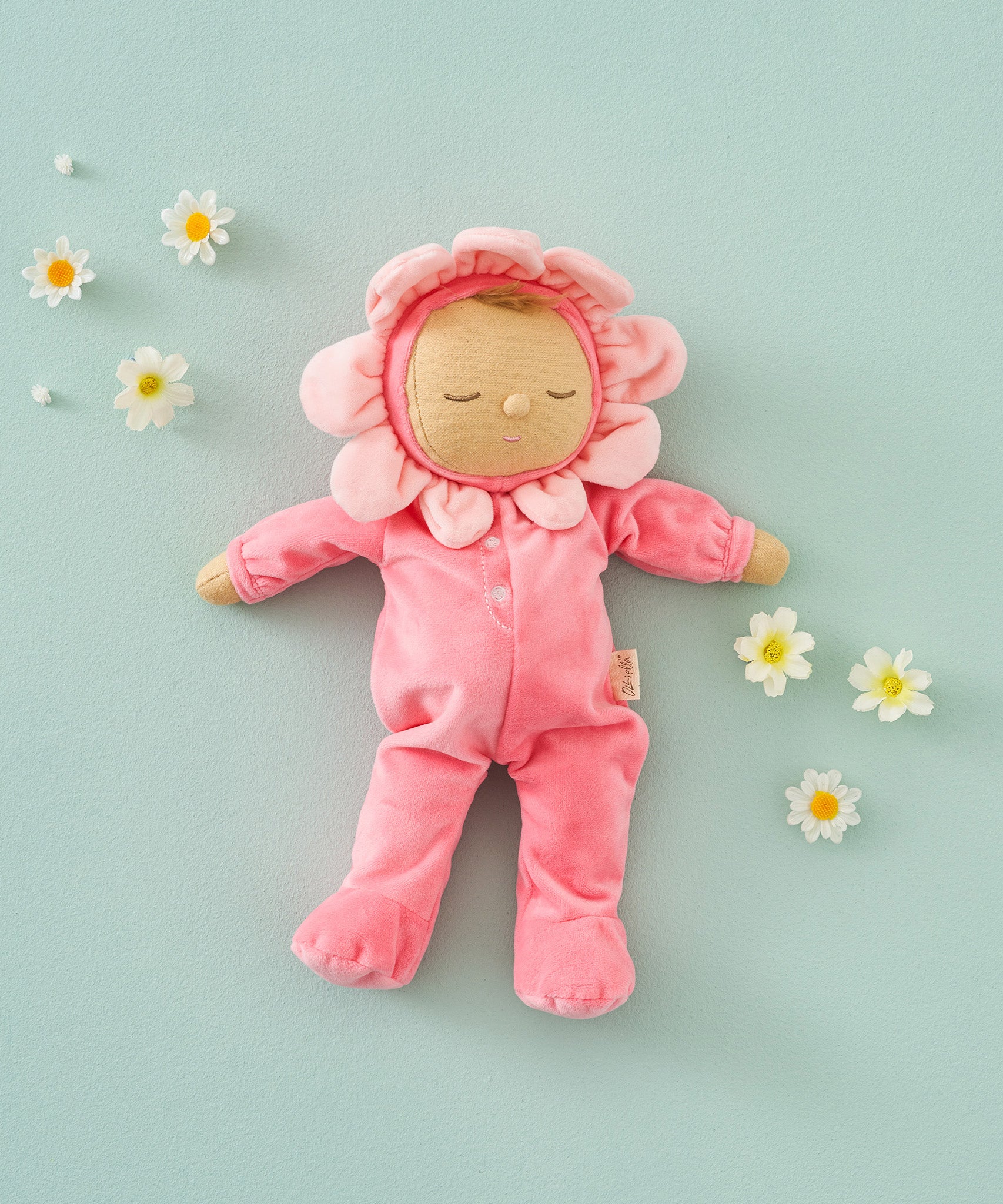 Olli Ella Dozy Dinkum Doll Fuchsia Twinkle, a baby toy doll with a pink velour onesie and flower hood, for sale at Babipur.