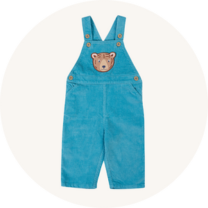 Frugi Durgan Cord Dungarees in Boat Blue with Bear  applique - made from organic cotton, circular collection, to represent baby dungarees available at Babipur.