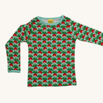 DUNS iconic Radish Scandi all-over print, with a light sea foam green background and cuffs