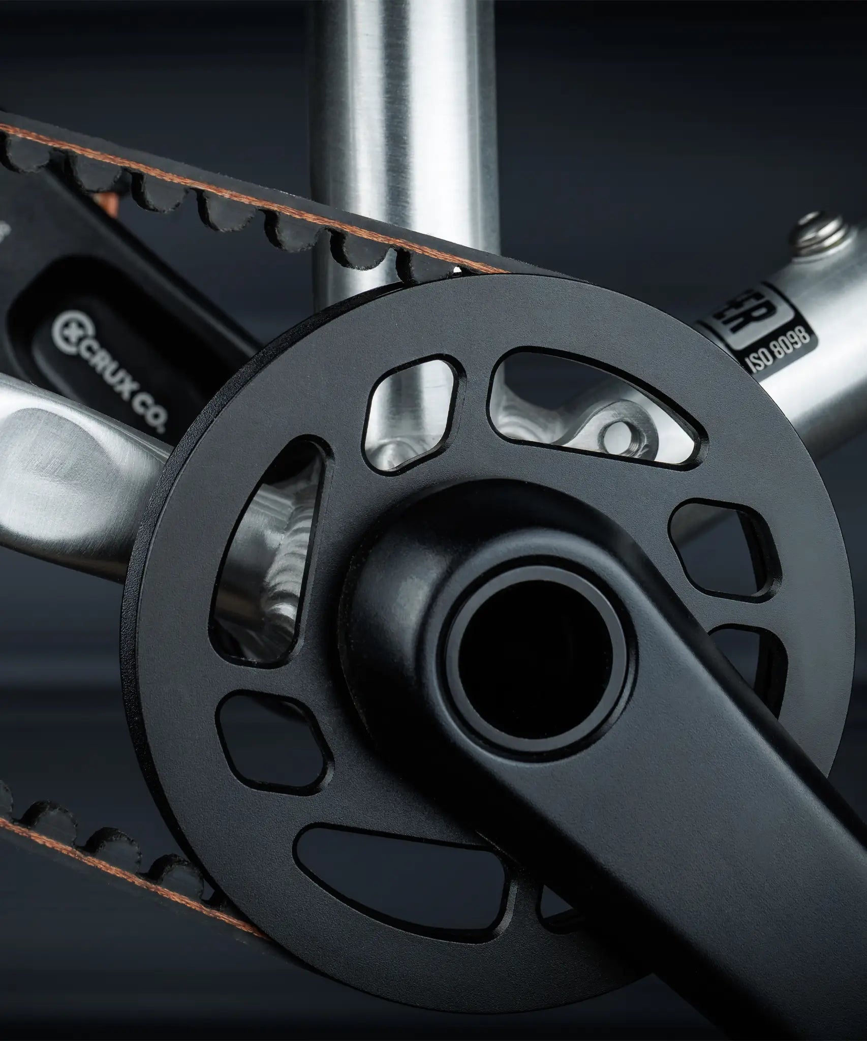 Close up on the robust and stretch resistant belt drive on the Early Rider auto belter bike.
