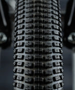 Close up of the tread on the chunky wheel for the Early Rider auto belter bike