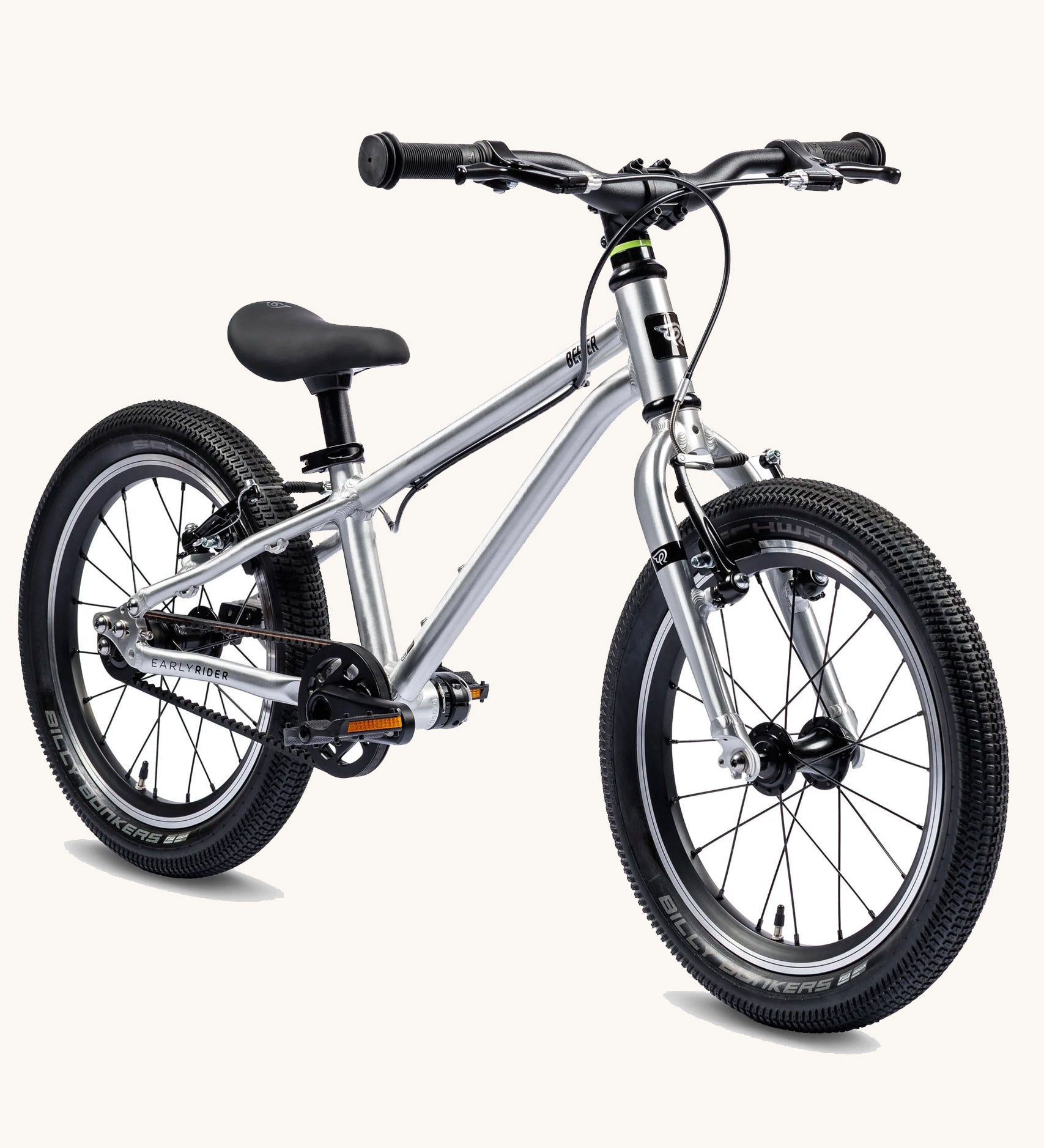 Early Rider Brushed Aluminum Belter 16 inch wheel children's bike shown on a plain background