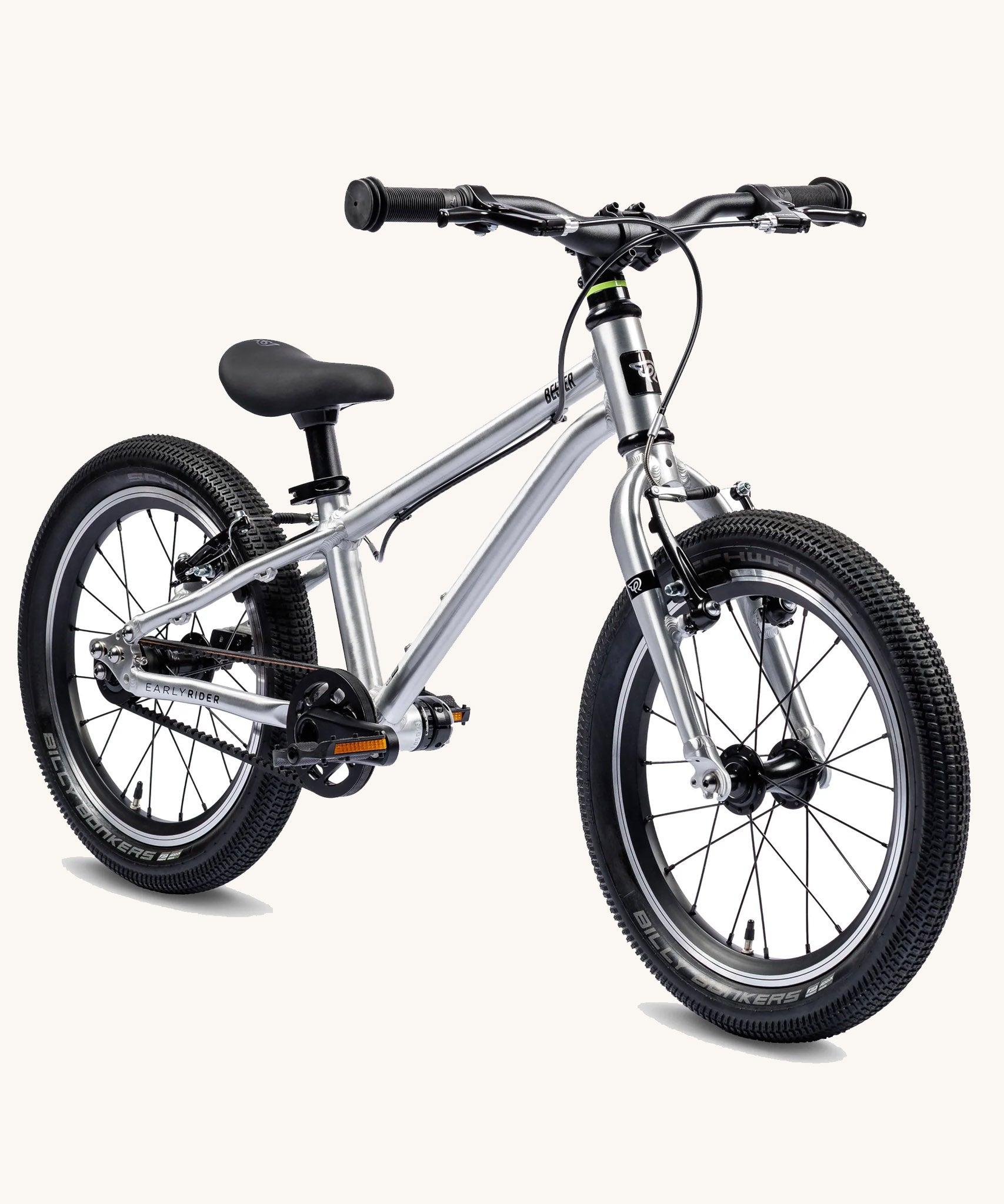 Early Rider Brushed Aluminum Belter 16 inch wheel children's bike shown on a plain background