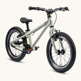 Early Rider 16 inch belter auto bike in  sage green aluminium frame with black handle bars, seat and chunky wheels. 