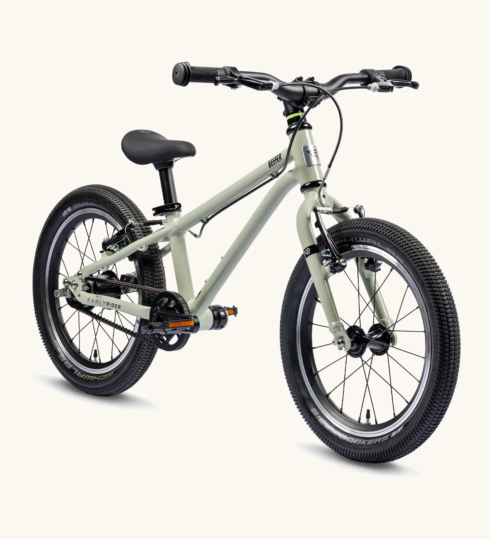 Early Rider 16 inch belter auto bike in  sage green aluminium frame with black handle bars, seat and chunky wheels. 