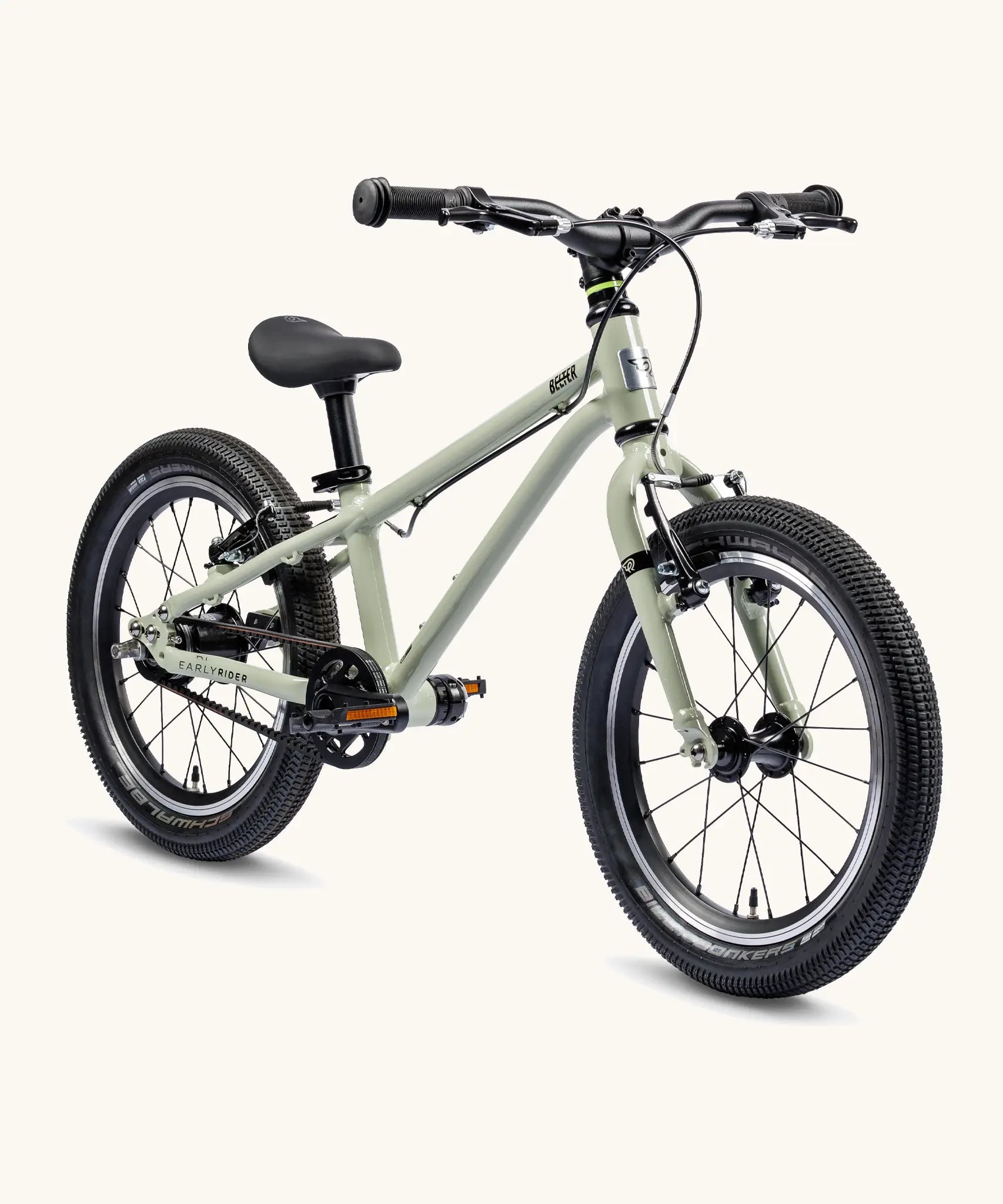 Early Rider 16 inch belter auto bike in  sage green aluminium frame with black handle bars, seat and chunky wheels. 