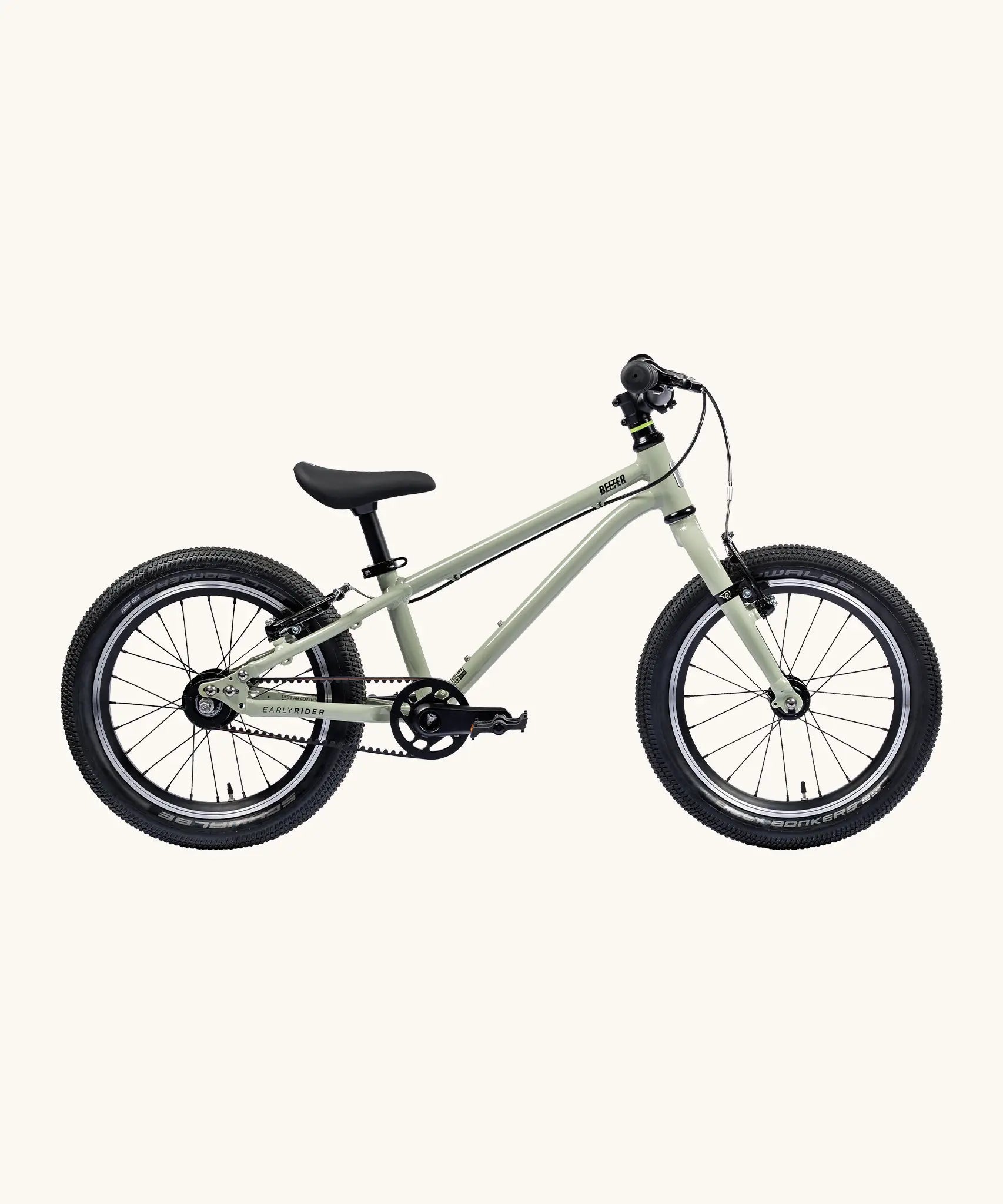 Side of Early Rider's 16 inch belter auto bike in sage green aluminium frame with black handle bars, seat and chunky wheels. 
