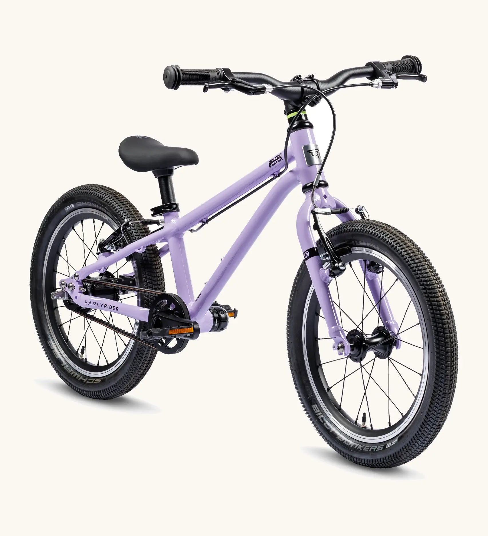 Early Rider 16 inch belter auto bike in  pale purple aluminium frame with black handle bars, seat and chunky wheels. 