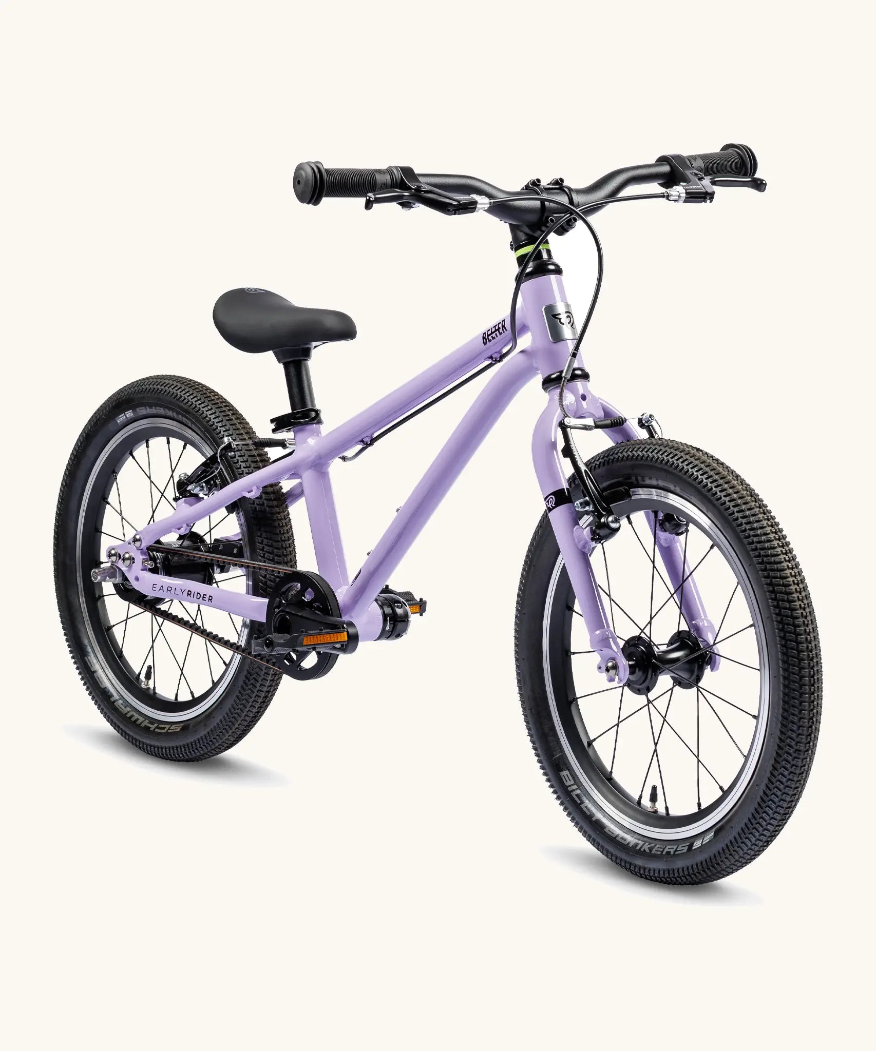 Early Rider 16 inch belter auto bike in  pale purple aluminium frame with black handle bars, seat and chunky wheels. 