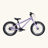 Side of Early Rider's 16 inch belter auto bike in pale purple aluminium frame with black handle bars, seat and chunky wheels. 