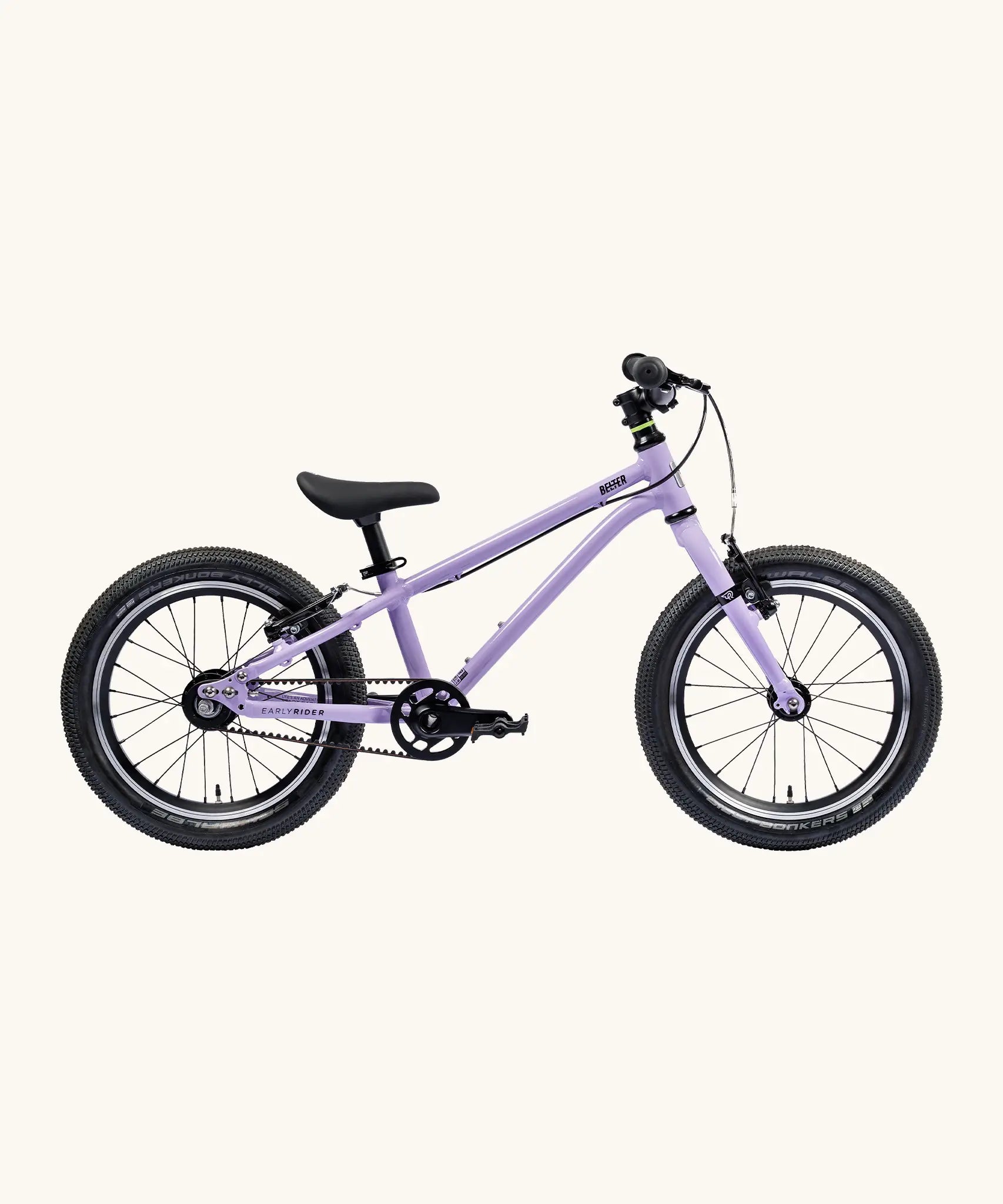 Side of Early Rider's 16 inch belter auto bike in pale purple aluminium frame with black handle bars, seat and chunky wheels. 