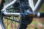 Close-up of a bicycle chain and gear system with 'EARLYRIDER' branding.