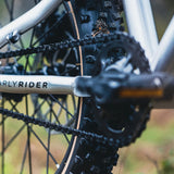 Close-up of a bicycle chain and gear system with 'EARLYRIDER' branding.