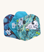 Three Earthwise Panty Liners in blue underwater prints.