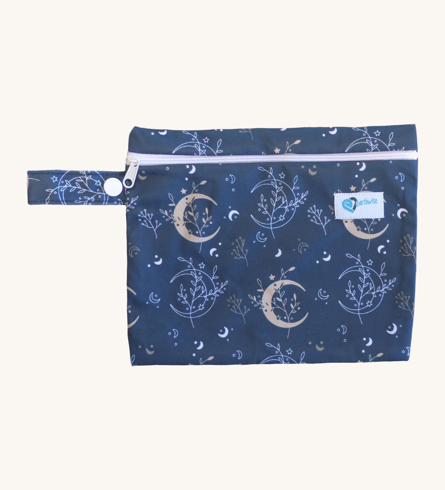 Earthwise Period Pad Purse in harvest moon design. A navy csp bag with a white zip fastener
