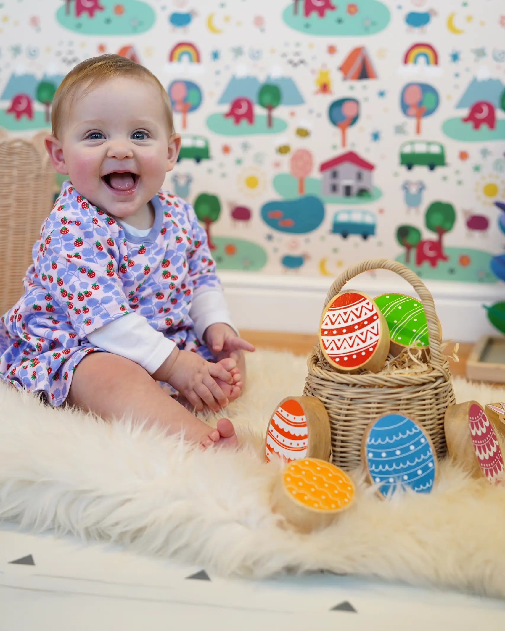 Rainbow Easter Eggs by Lanka Kade, made from wood, in a basket in the Babipur playroom, played with by baby.