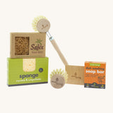 Eco Living washing up starter set available at Babipur including a coconut soap rest, a reusable sponge a wooden dish brush & replacement head, dish soap and a wooden pot scraper