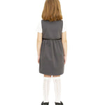 The back of a little girl wearing the Eco Outfitters organic and fair trade cotton school pinafore dress in grey