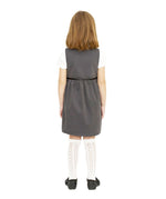 The back of a little girl wearing the Eco Outfitters organic and fair trade cotton school pinafore dress in grey