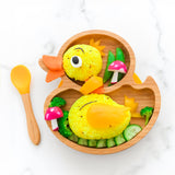 Eco Rascals Duck Bamboo Suction Plate, with yellow rice decorated to look like a duck!