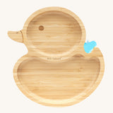 Eco Rascals Duck Bamboo Suction Plate with a blue silicone suction base.