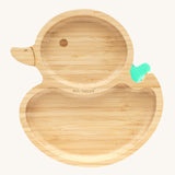 Eco Rascals Duck Bamboo Suction Plate with a green silicone suction base. 