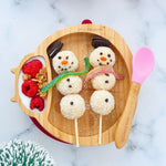 Eco Rascals Ladybird Bamboo Suction Plate with yogurt and berries and snowman kabab treats with a pink silicone and bamboo baby spoon. 