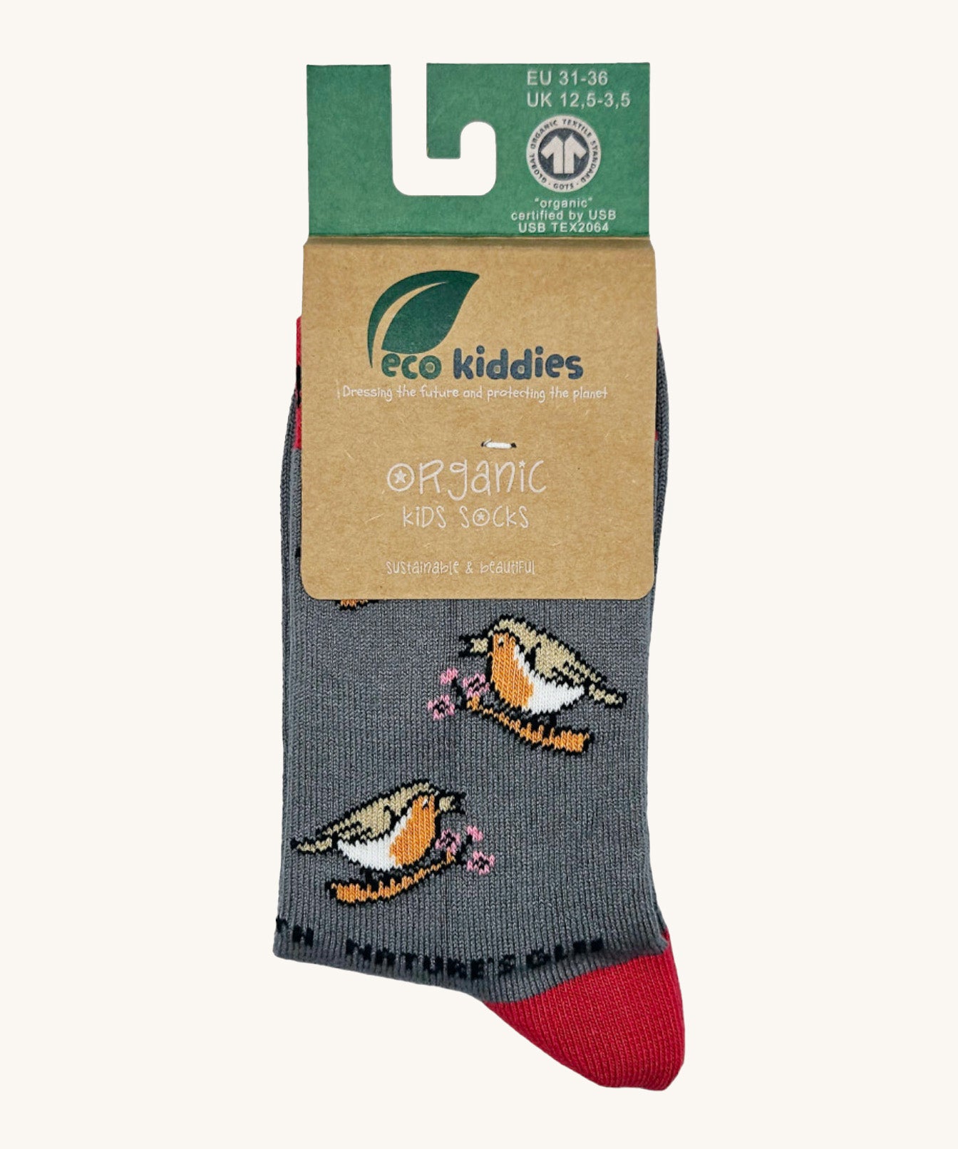 Eco kiddies chirpy robins organic cotton socks available at Babipur. A grey sock with red detail and features a cute signing robin design 